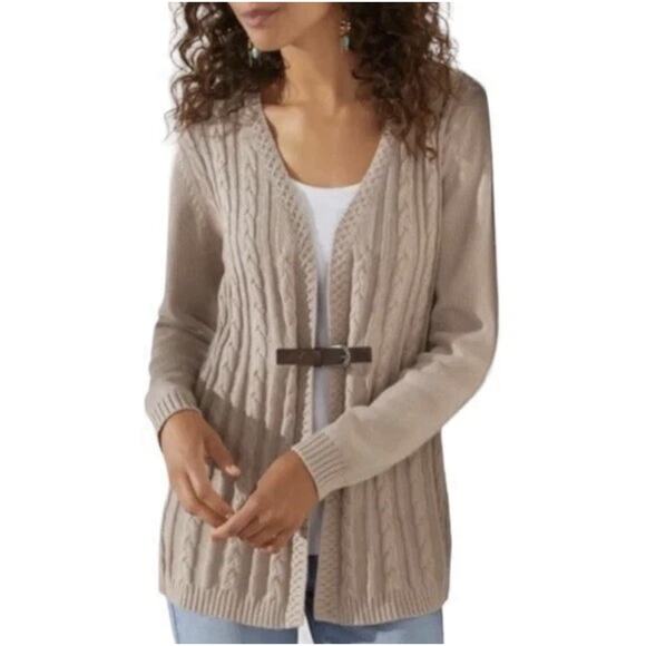 Soft Surroundings Wren Cable Knit Cardigan Small Sweater Buckle Heavy Wool Blend - Picture 1 of 10